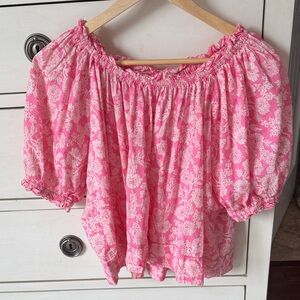 THE GREAT. Pink and White Floral Blouse